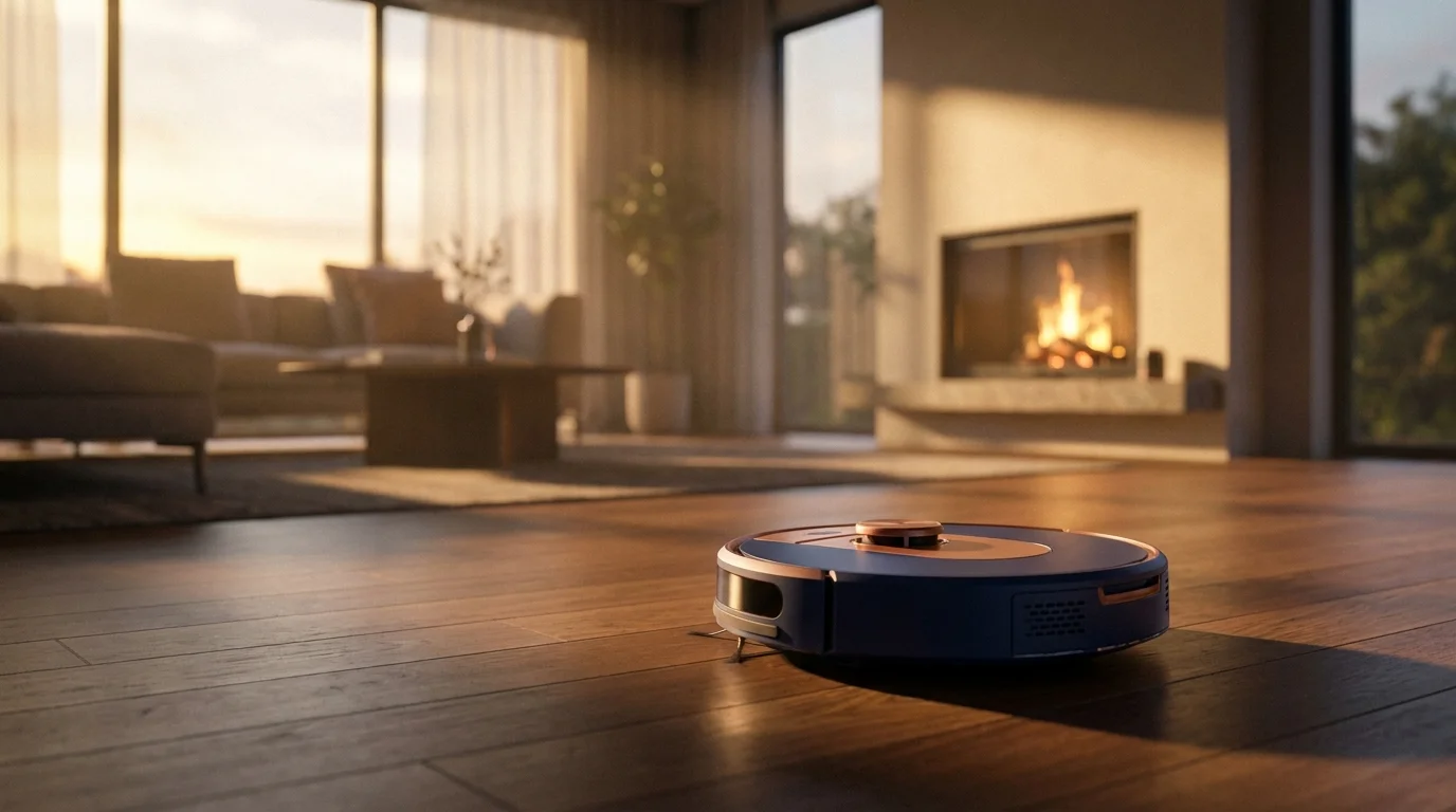 Robot vacuum cleaning a modern living room floor